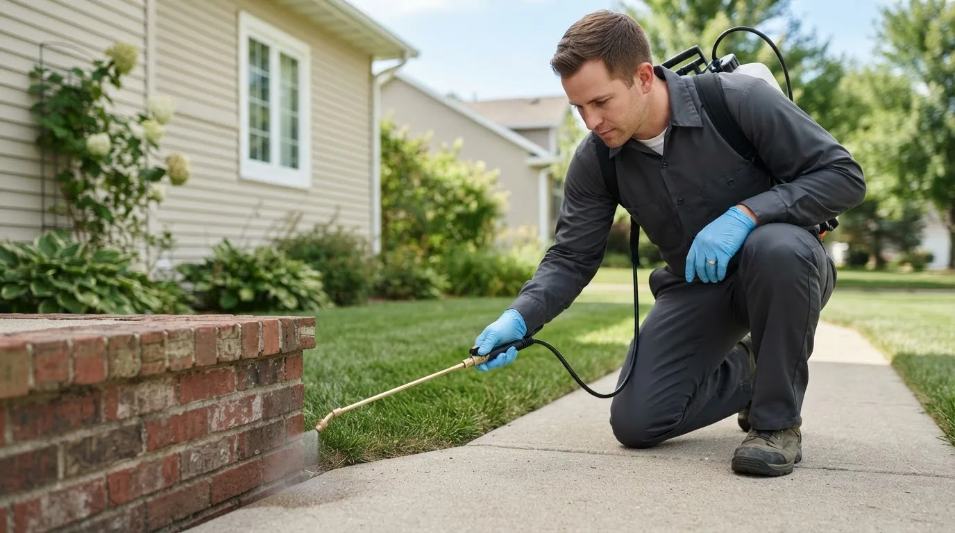 Pest control technician treating a home near Alum Bank, PA