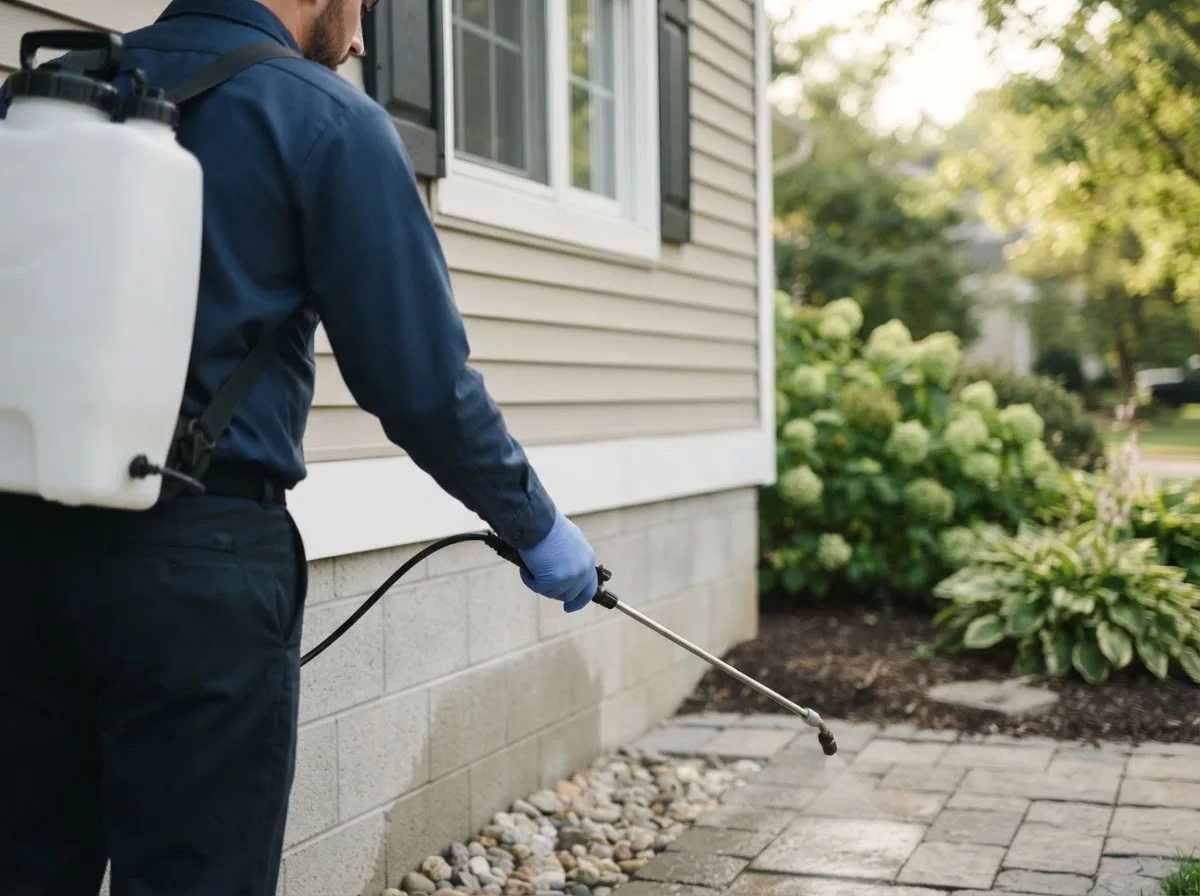 Pest control technician inspecting a home in Alum Bank, PA